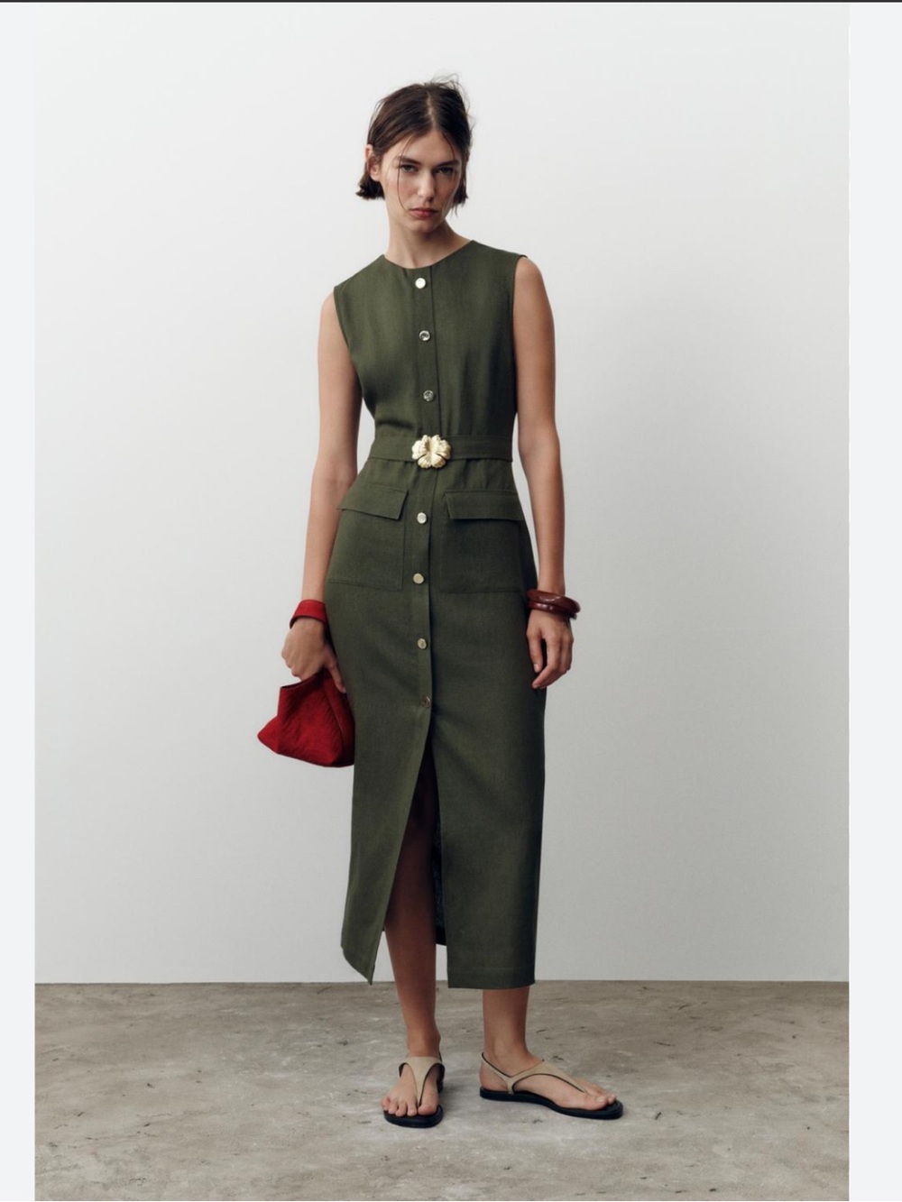 Zara Olive Green LINEN BELTED MIDI DRESS - Picture 10 of 15